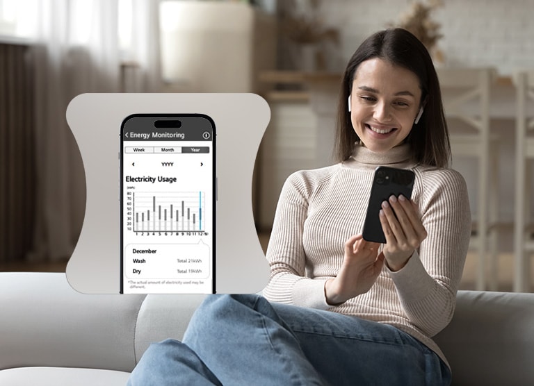 A woman monitoring her energy usage through a ThinQ app