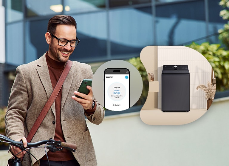 A man remotely controlling the LG washing machine through a ThinQ app