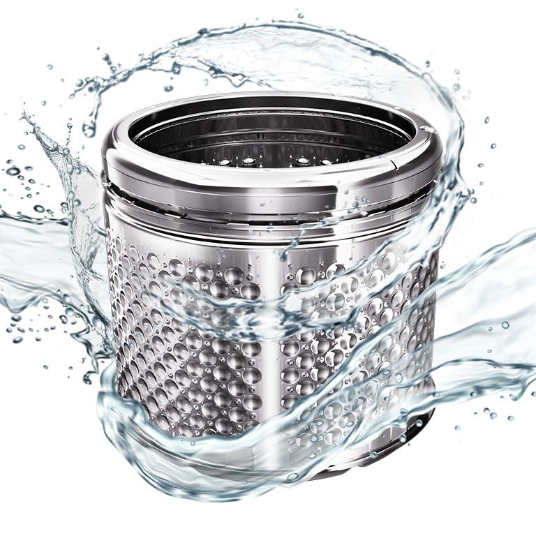 Washer drum surrounded by dynamic water splashes, representing simple tub cleaning