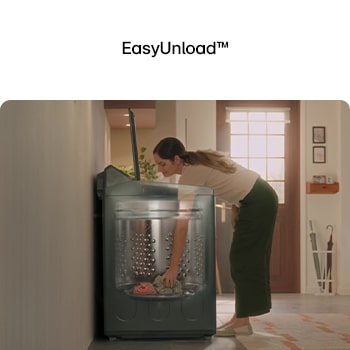 Woman unloading laundry from a top loading washing machine, featuring EasyUnload™.