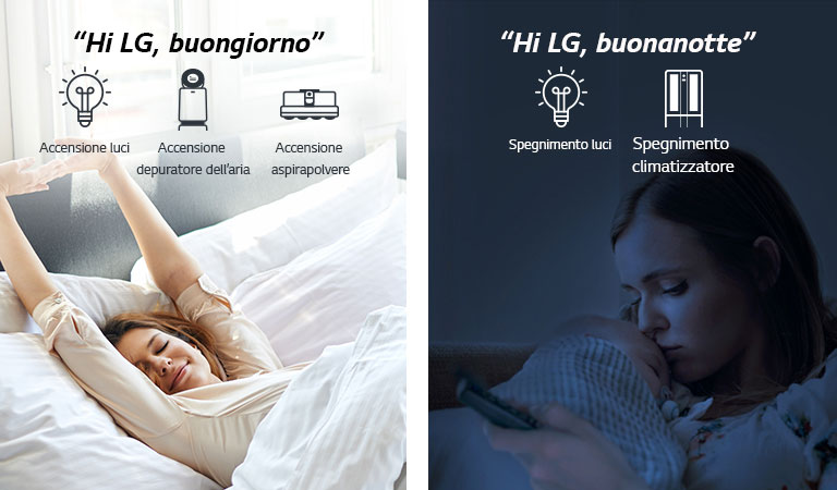 A woman in bed waking up in the morning (left) and with a baby at night (right)
