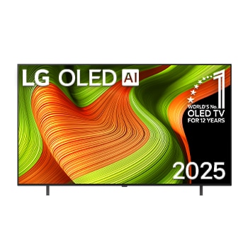 Front view of LG OLED AI B5 4K Smart TV. 12 Years of world number 1 OLED emblem and LG OLED AI 2025 logo are on the screen.
