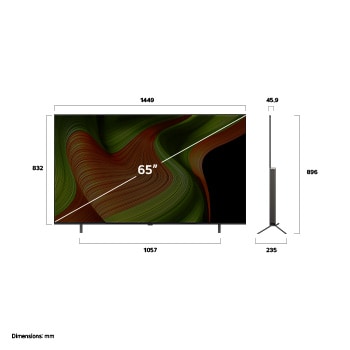 Front view and side view of LG OLED AI B5 4K Smart TV showing its length, width, height, and depth dimensions.