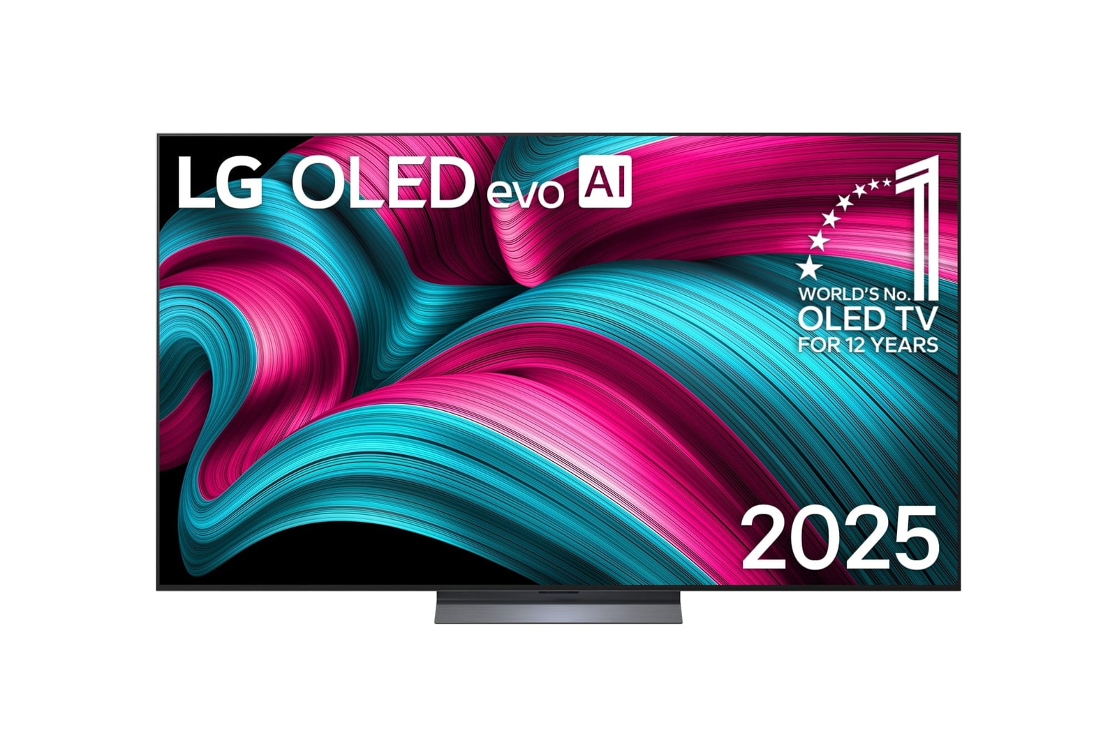 Front view of LG OLED evo AI C5 4K Smart TV. 12 Years of world number 1 OLED emblem and LG OLED evo AI 2025 logo are on the screen.