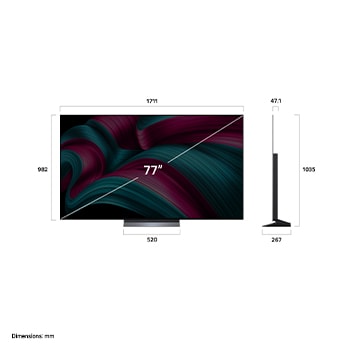 Front view and side view of LG OLED evo AI C5 4K Smart TV showing its length, width, height, and depth dimensions.