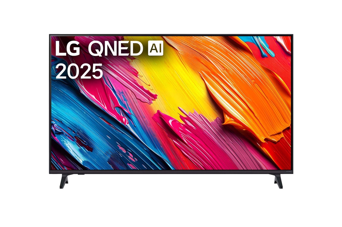 Front view of LG QNED70 TV, LG QNED Al Logo on the top corner. LG QNED TV depicts colorful paintike textures coming together.