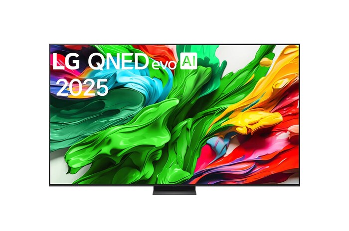 Front view of LG QNED evo QNED85 TV, LG QNED evo Al Logo on the top corner. LG QNED evo QNED85 TV depicts colorful paintike textures coming together.
