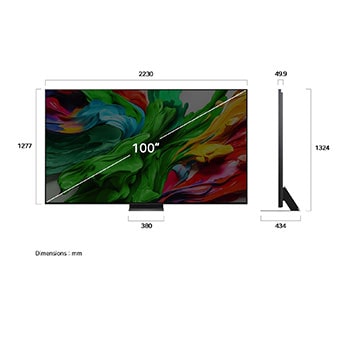 Front view and side view of LG QNED evo AI QNED85 4K Smart TV showing its length, width, height, and depth dimensions.