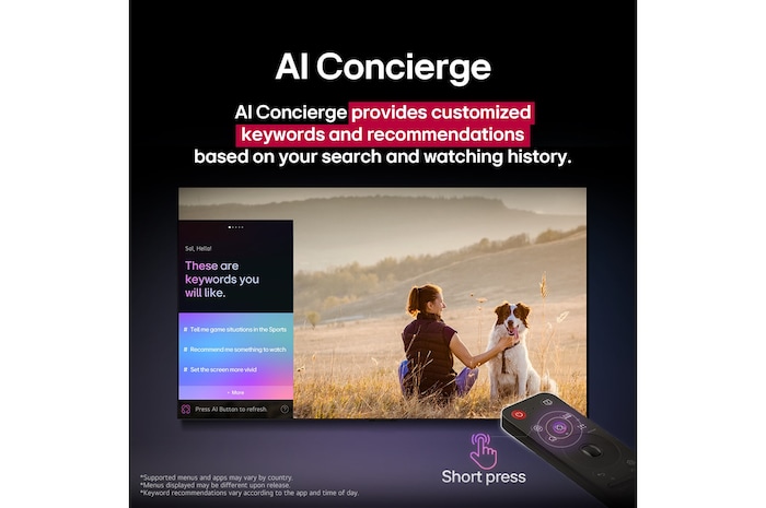 LG AI Magic Remote in front of an LG TV screen. On the screen is a personalized greeting from the LG AI with custom keywords based on the user's search and watch history. By the remote is an icon and label showing that the AI Concierge functionality is easily accessible with one short press on the AI button.
