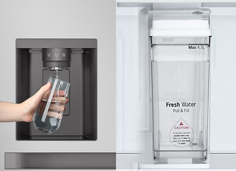 The scene of receiving water tank and water from the dispenser is shown as a two-part cut.