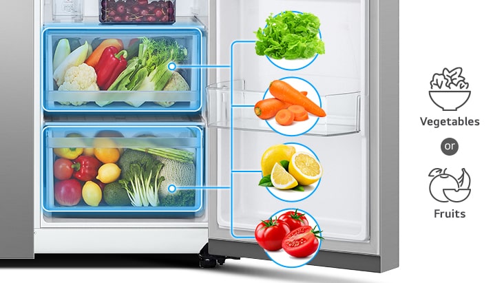 The 2 baskets below the refrigerator can store approximately 2 sorts of foods, which are veggies and fruits