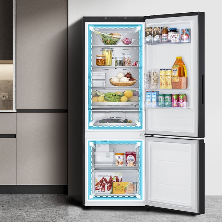 Graphical motion showing how much more spacious the current interior size of the LG bottom freezer.