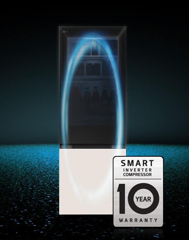 Cold air is spinning inside aLG bottom freezer. Next to the is the 10-year warranty logo of the smart inverter compressor.
