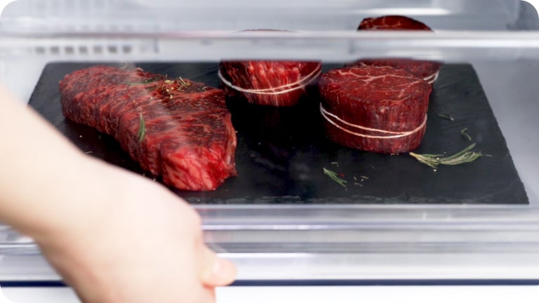 lg bottom freezer refrigerator with fresh converter feature, showcasing temperature control settings for storing meat, fish, and vegetables to maintain freshness.