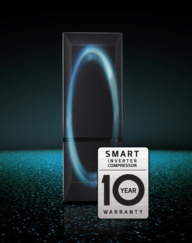 The lg bottom freezer refrigerator with a water dispenser features a 10-year warranty on the smart inverter compressor, which regulates the cooling in the refrigerator.