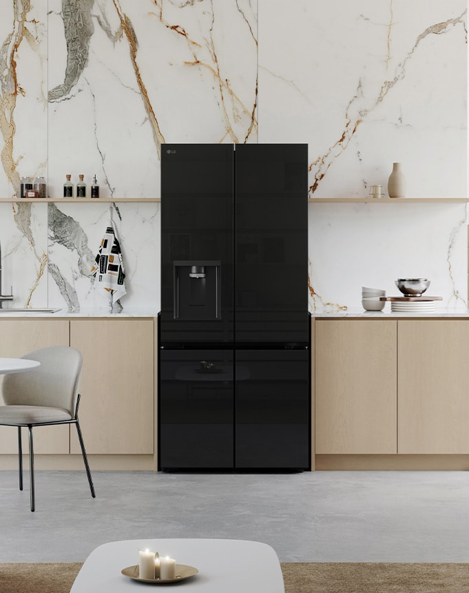 Completing the stylish kitchen space, the lg french door refrigerator with black mirror doors.