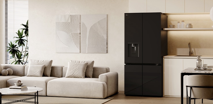 A cozy living room and kitchen are reflected in the sleek design of the lg french door refrigerator with mirror doors.