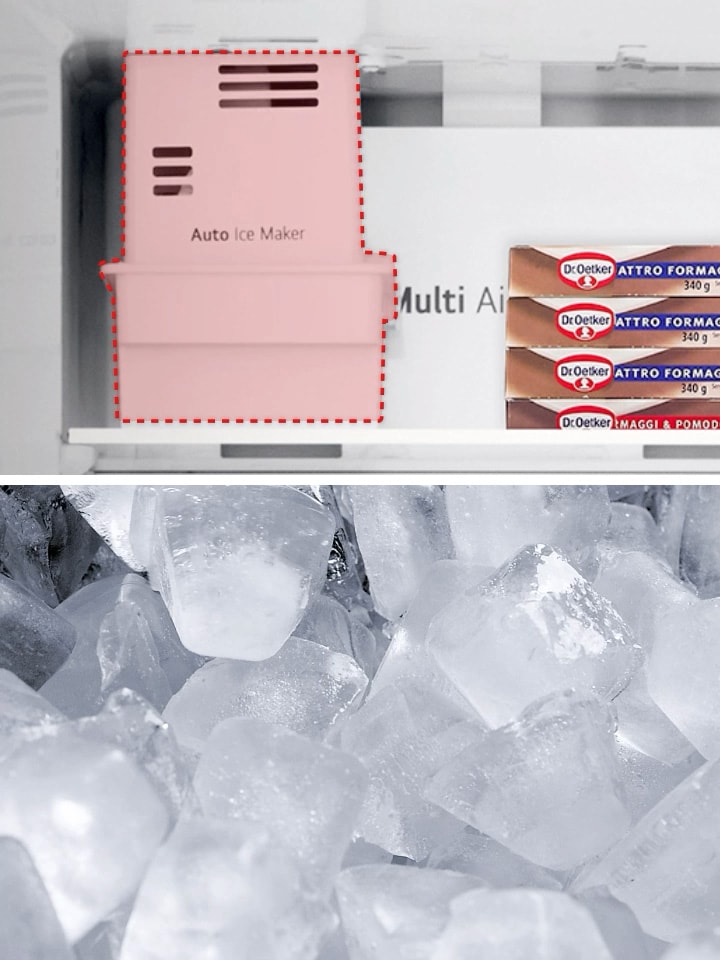 Close up view of LG top freezer refrigerator's auto ice maker feature.
