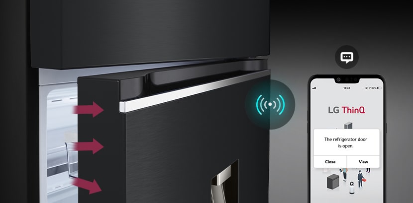 An lg top freezer refrigeratordoor is shown slightly open, and a smartphone screen displaying a notification from the lg thinq app. The image emphasizes the refrigerator's smart alert feature that notifies users if the door is left open.