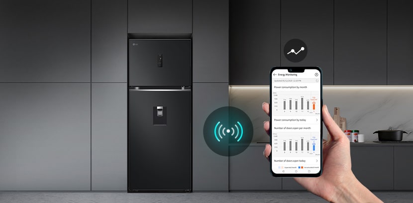 An lg top freezer refrigerator in a modern kitchen with a close-up of a smartphone screen displaying monitoring data. The image illustrates the refrigerator's ability to provide users with performance and usage statistics through a connected app.