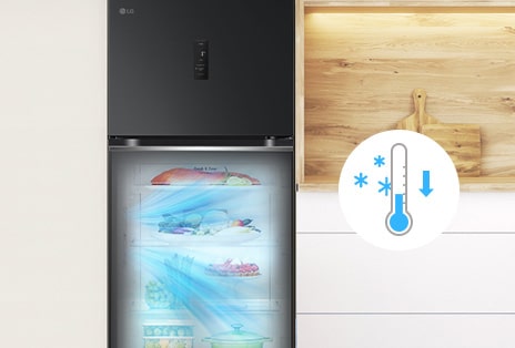 lg top freezer refrigerator smart fresh air technology lowers the temperature by 1°C from the user setting to increase cooling two hours before high usage periods.