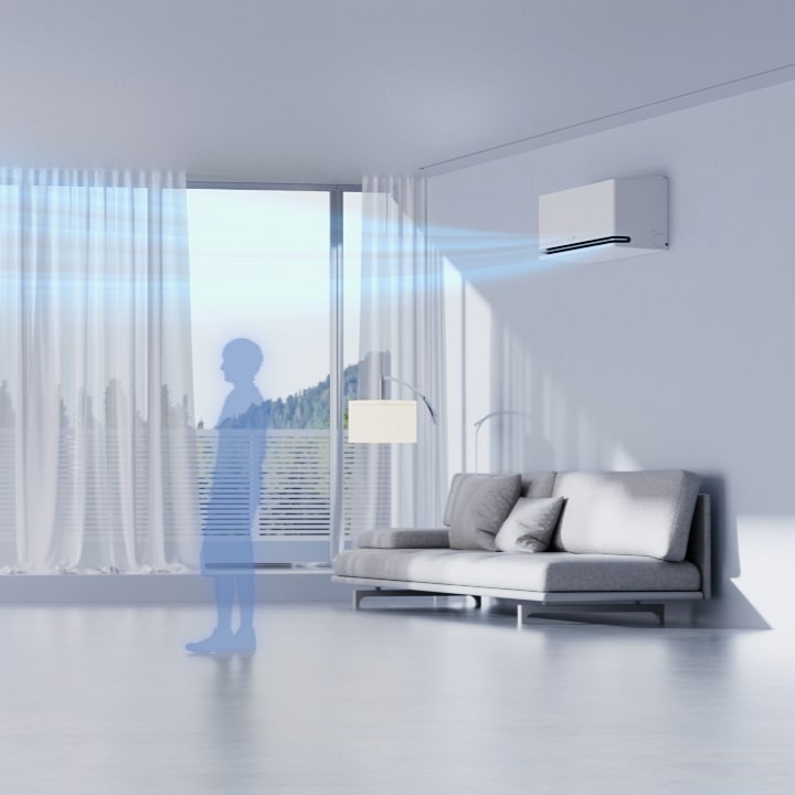 LG air conditioner in a living room features absence detection, sensing no occupants and automatically stopping operation.