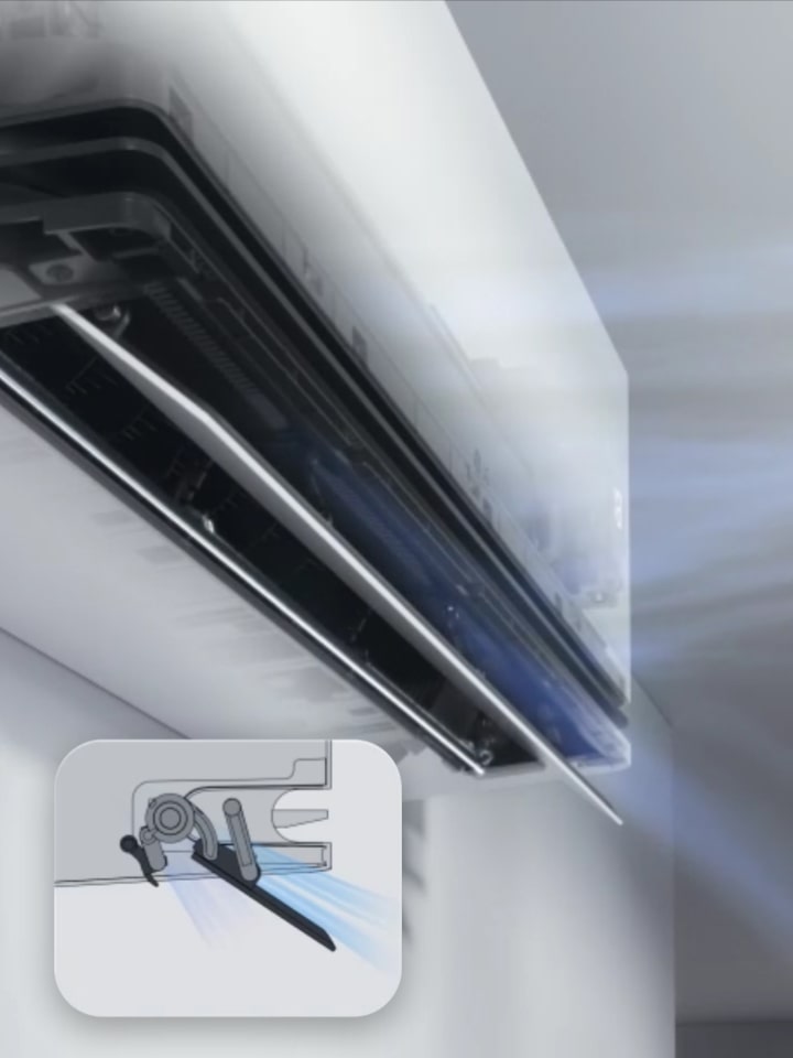 LG air conditioner with dual vane technology directing airflow for enhanced cooling and heating efficiency.