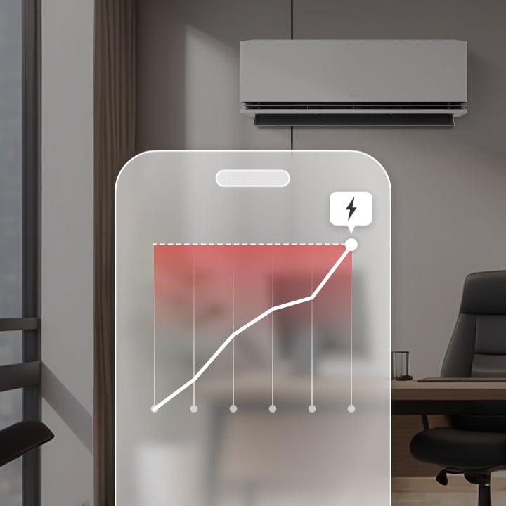 LG air conditioner with AI Manager sends alerts via LG ThinQ app when user-set maximum power limit is reached.