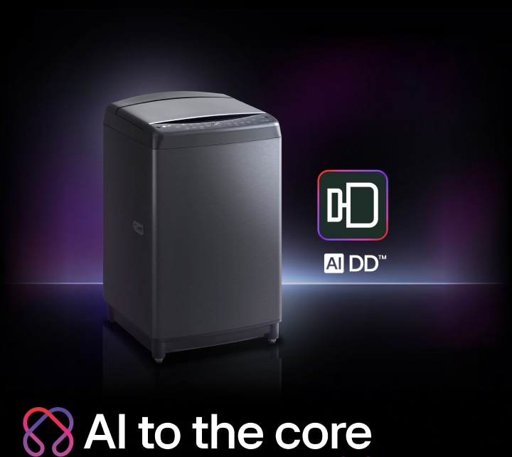 LG top load washing machine with LG AI logo and emblem(AI to the core, AI DD)
