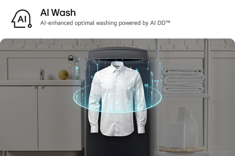 LG top load washing machine detecting the shirts in a space with a sink and laundry supplies