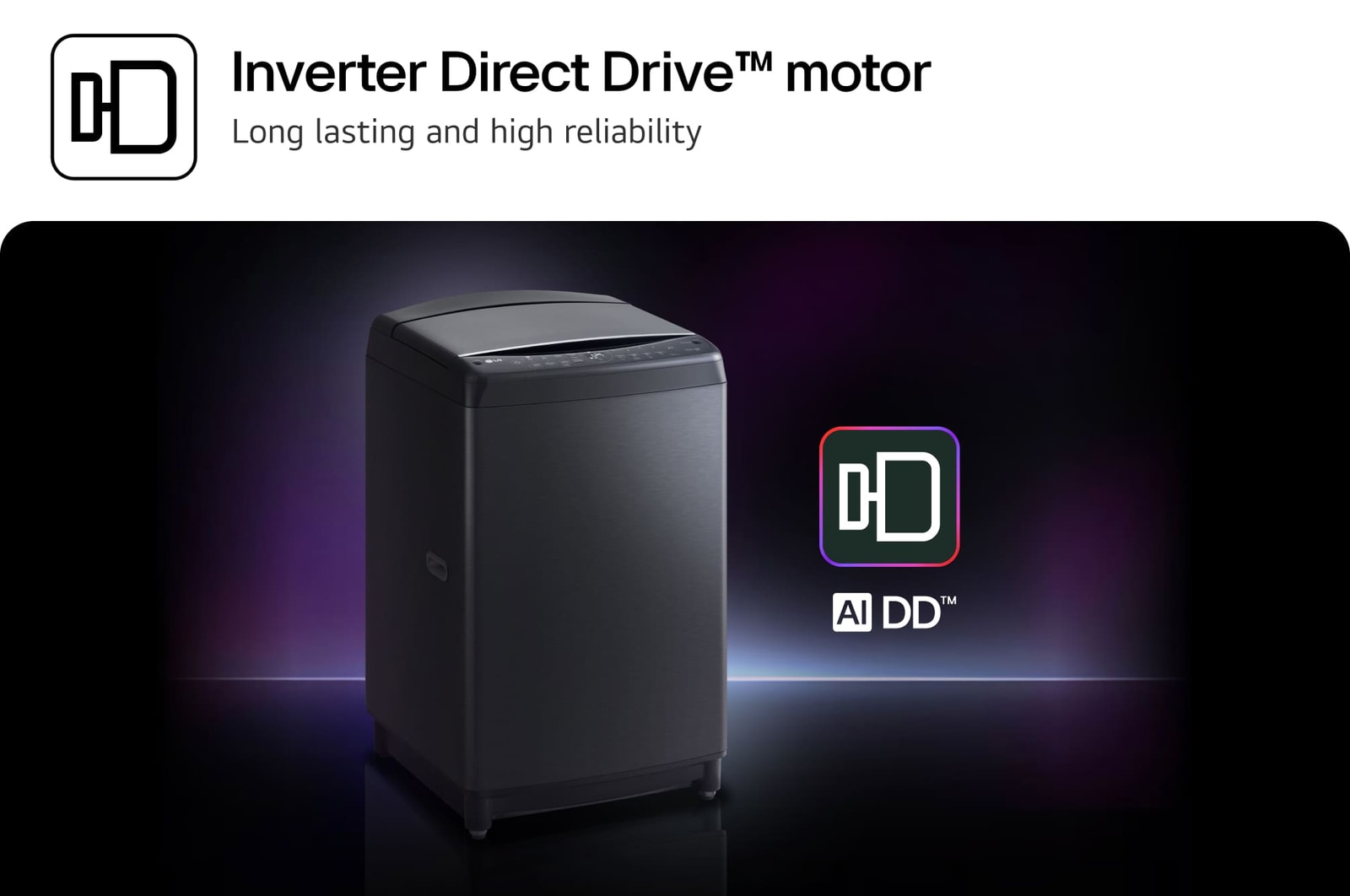 LG top load washing machine with LG AI logo and emblem(AI to the core, AI DD)