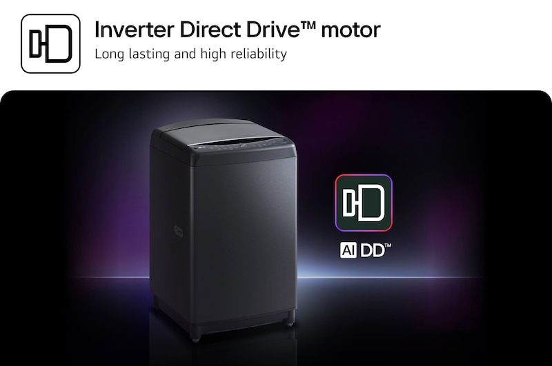 LG top load washing machine with LG AI logo and emblem(AI to the core, AI DD)