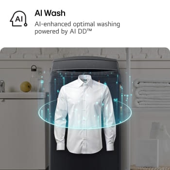LG top load washing machine detecting the shirts in a space with a sink and laundry supplies