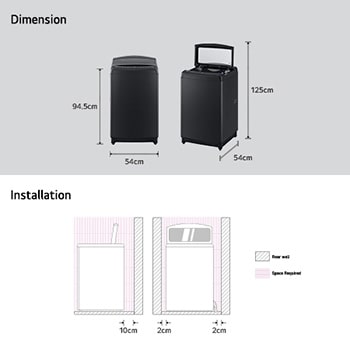 image for dimension and installation of LG top load washing machine