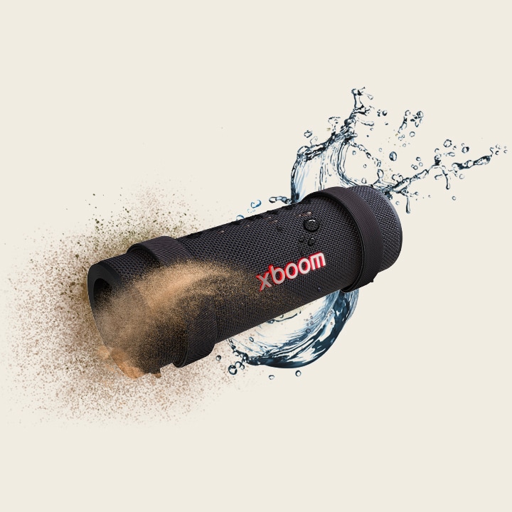 xboom Grab is placed in a hexagonal form and behind it there's a bunch of soil on the left and splash of water on the right.