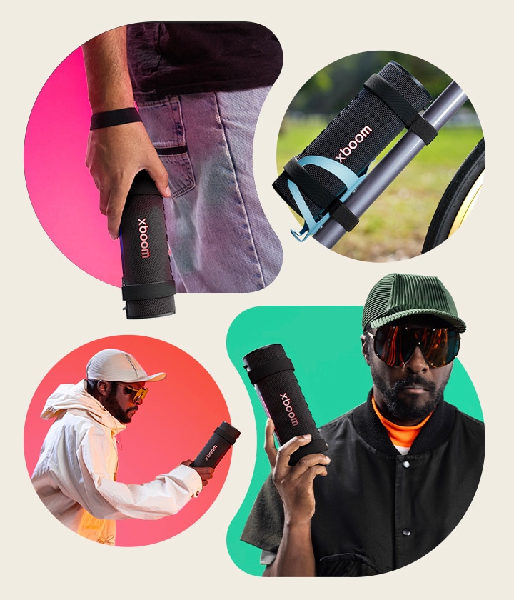 On the upper left side, xboom Grab is held with its strap on someone's wrist. On the upper right side, xboom Grab is placed on a bicycle's water bottle holder. On the bottom left, will.i.am in white outfit is holding xboom Grab with his right hand. On the bottom right, will.i.am in black outfit is holding xboom Grab with his right hand.