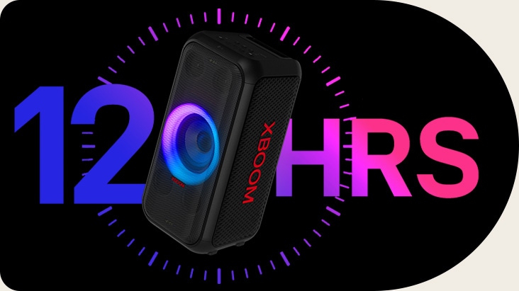 The speaker is placed in front of clock icon, and the word '12HRS' is written behind for design purpose.