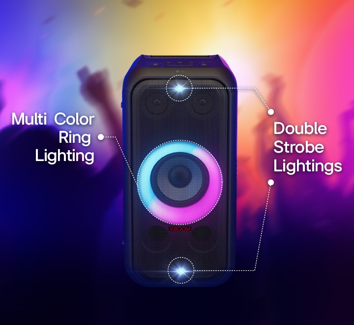 Front view of the speaker. There is a line to inform each part of the lighting. On top and bottom, double strobe lighting. In the middle, pink and cyon gradient multi color ring lighting is on.