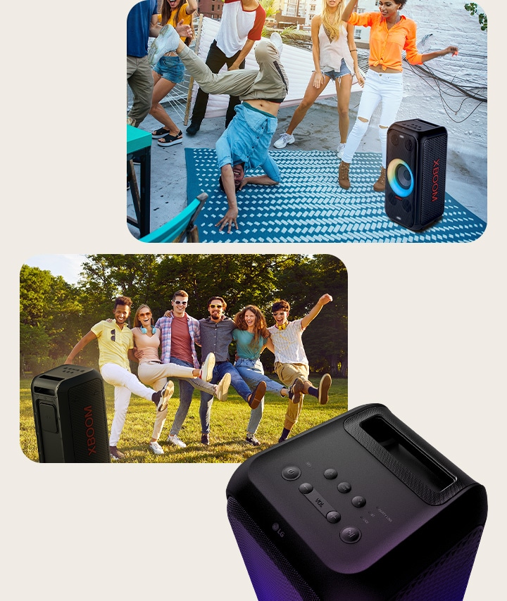 From top to bottom: There are some people dancing around the speaker. In the park, a group of people enjoying music with the speaker. The last image shows the close up of the product's top.