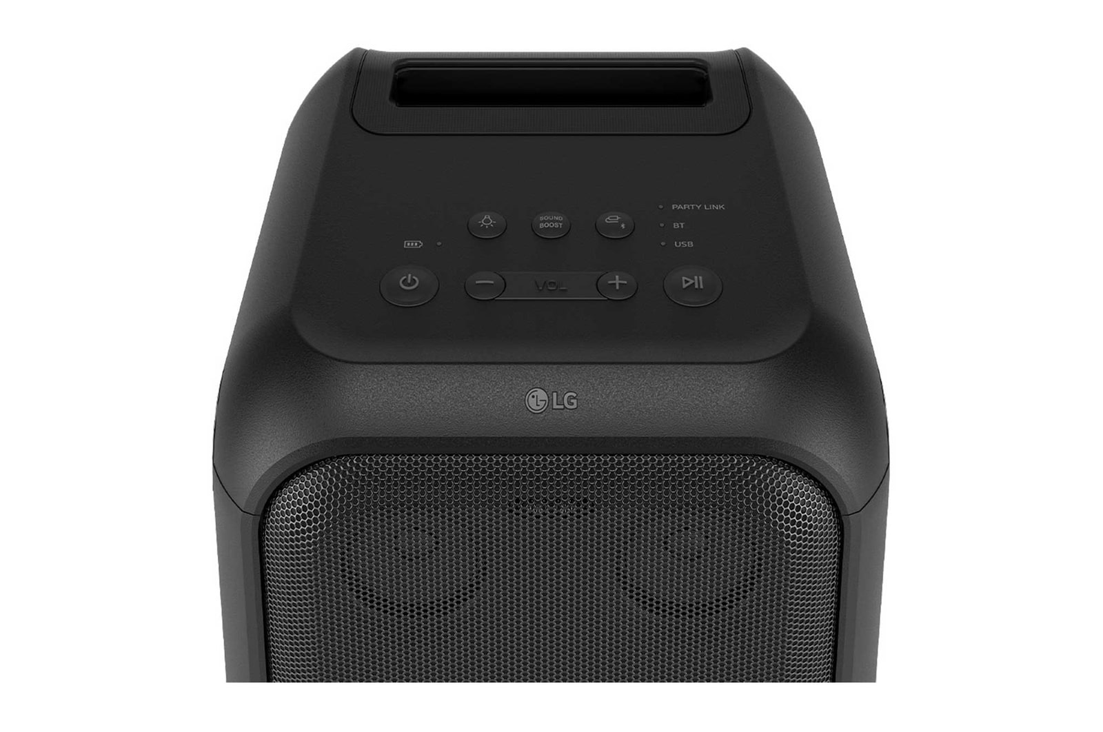 Close up of speaker top. It shows buttons and LG logo.