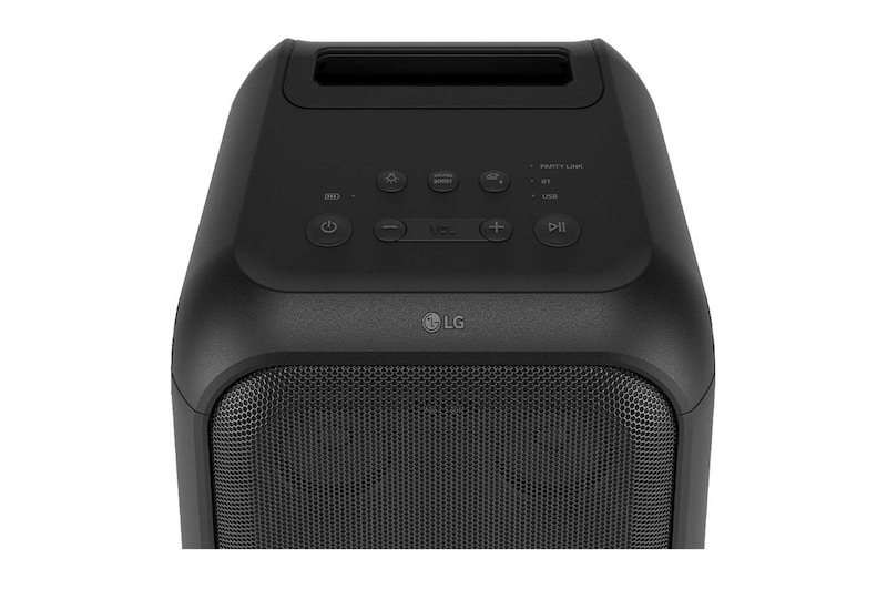 Close up of speaker top. It shows buttons and LG logo.