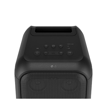 Close up of speaker top. It shows buttons and LG logo.
