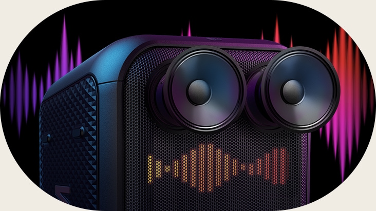Close-up of 2.5 inch dome tweeters, shwoing high pitch graphics behind. Tweeters are exaggerated for design purpose. Below, there is a sound eq on the led panel.