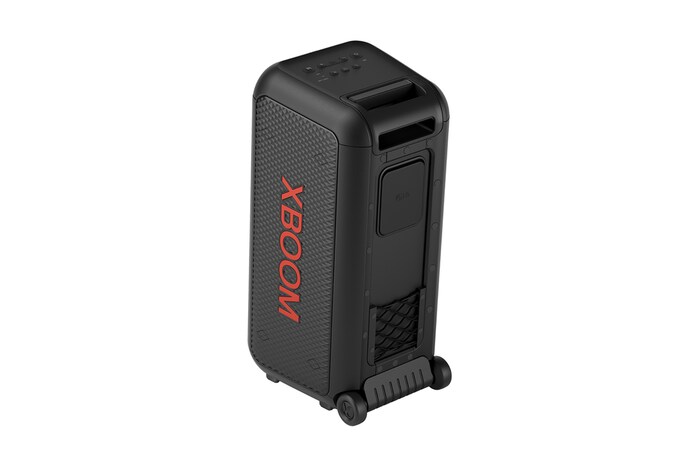 45-degree angle of back view. Showing buttons and a telescopic handle, and wheels.