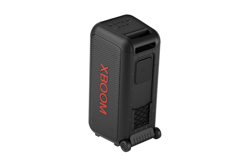 45-degree angle of back view. Showing buttons and a telescopic handle, and wheels.