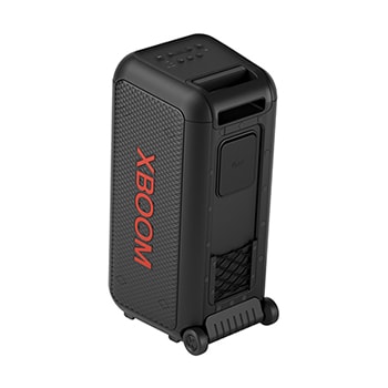 45-degree angle of back view. Showing buttons and a telescopic handle, and wheels.