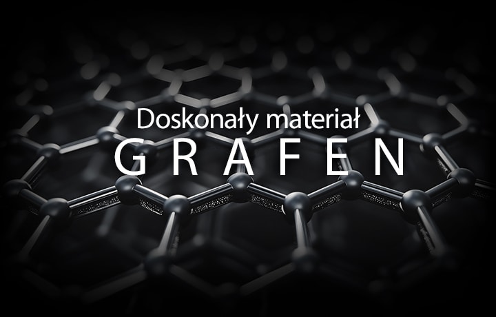 Widoczny jest obraz przedstawiający sześciokątny wzór. Przed obrazem widać napis „Doskonały materiał GRAFEN”.