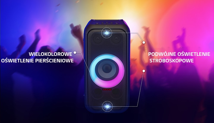 Front view of the speaker. There is a line to inform each part of the lighting. On top and bottom, double strobe lighting. In the middle, pink and cyon gradient multi color ring lighting is on.