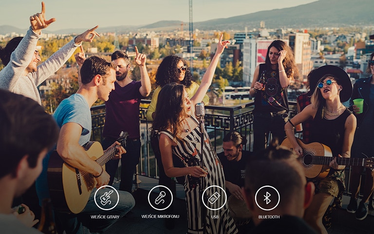 There are people enjoying acoustic concert with LG XBOOM XL5S. Below the image, there are guitar