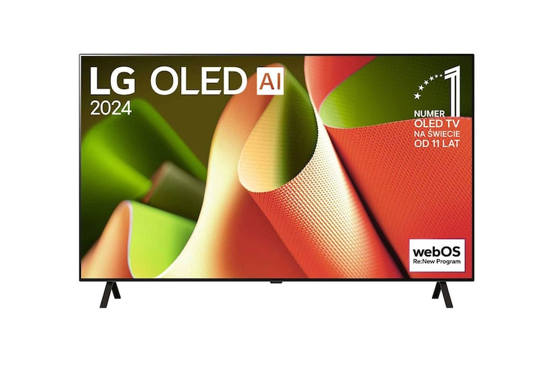 Widok z przodu LG OLED TV, OLED AI B4, logo emblematu „11 Years of World Number 1 OLED” i logo programu webOS Re:New na ekranie z 2-biegunową podstawką